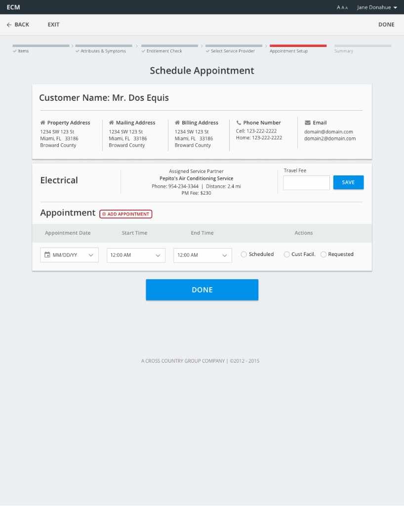ECM schedule appointment screen with service provider and appointment form