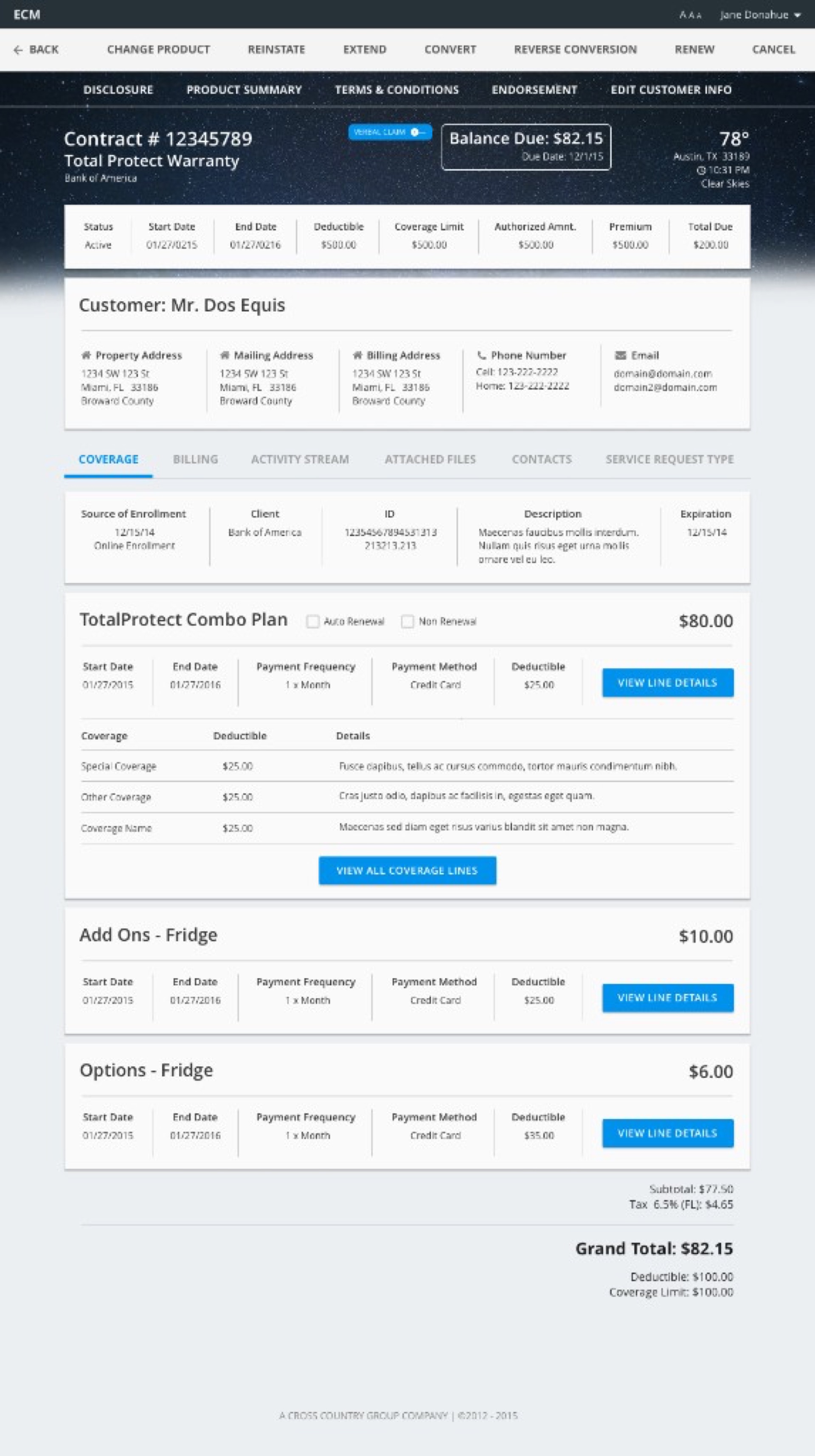 ECM contract dashboard with customer details, coverage plans, and balance due