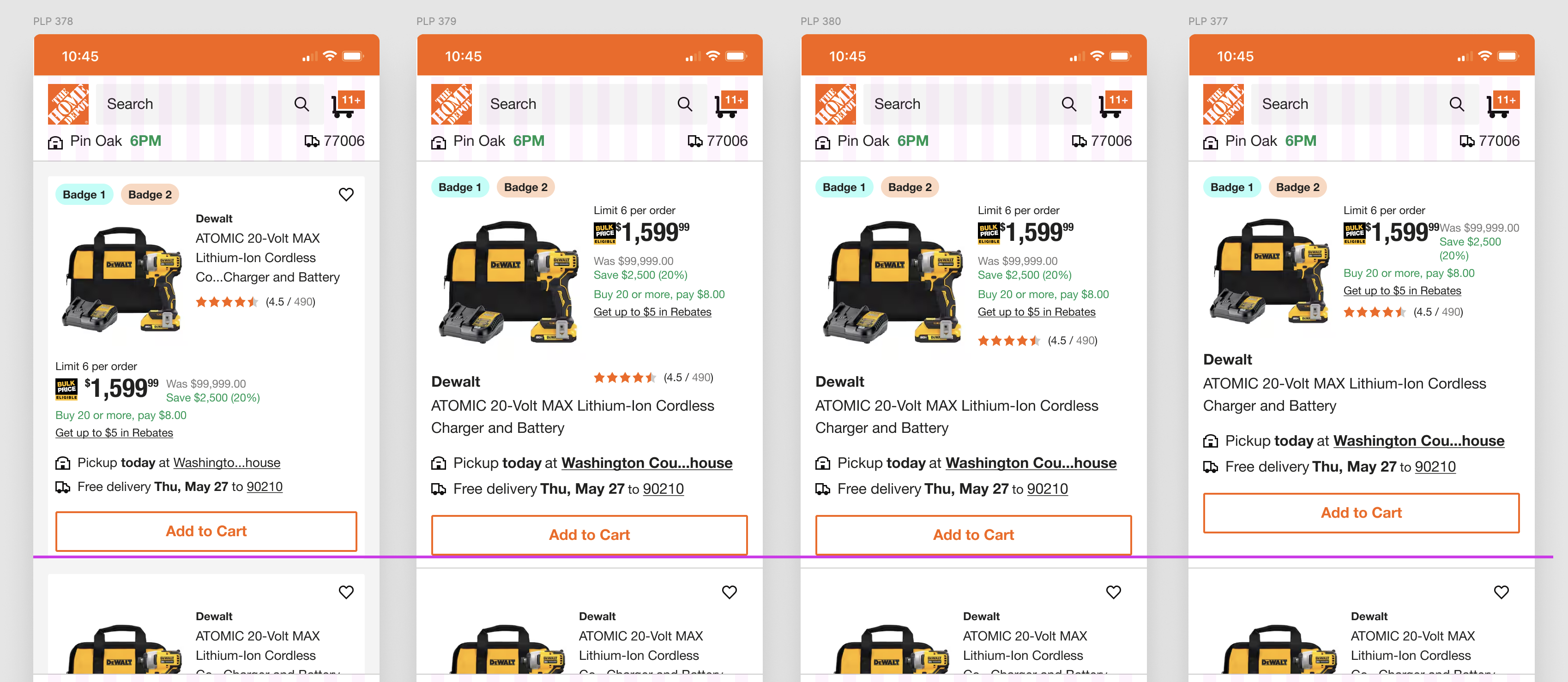 Home Depot PLP product pod variations — mobile views