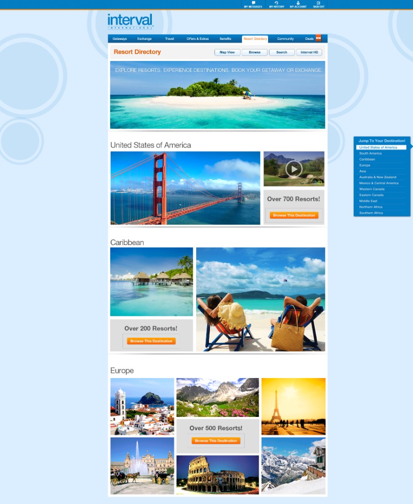 Resort Directory: browse with Jump To Your Destination sidebar