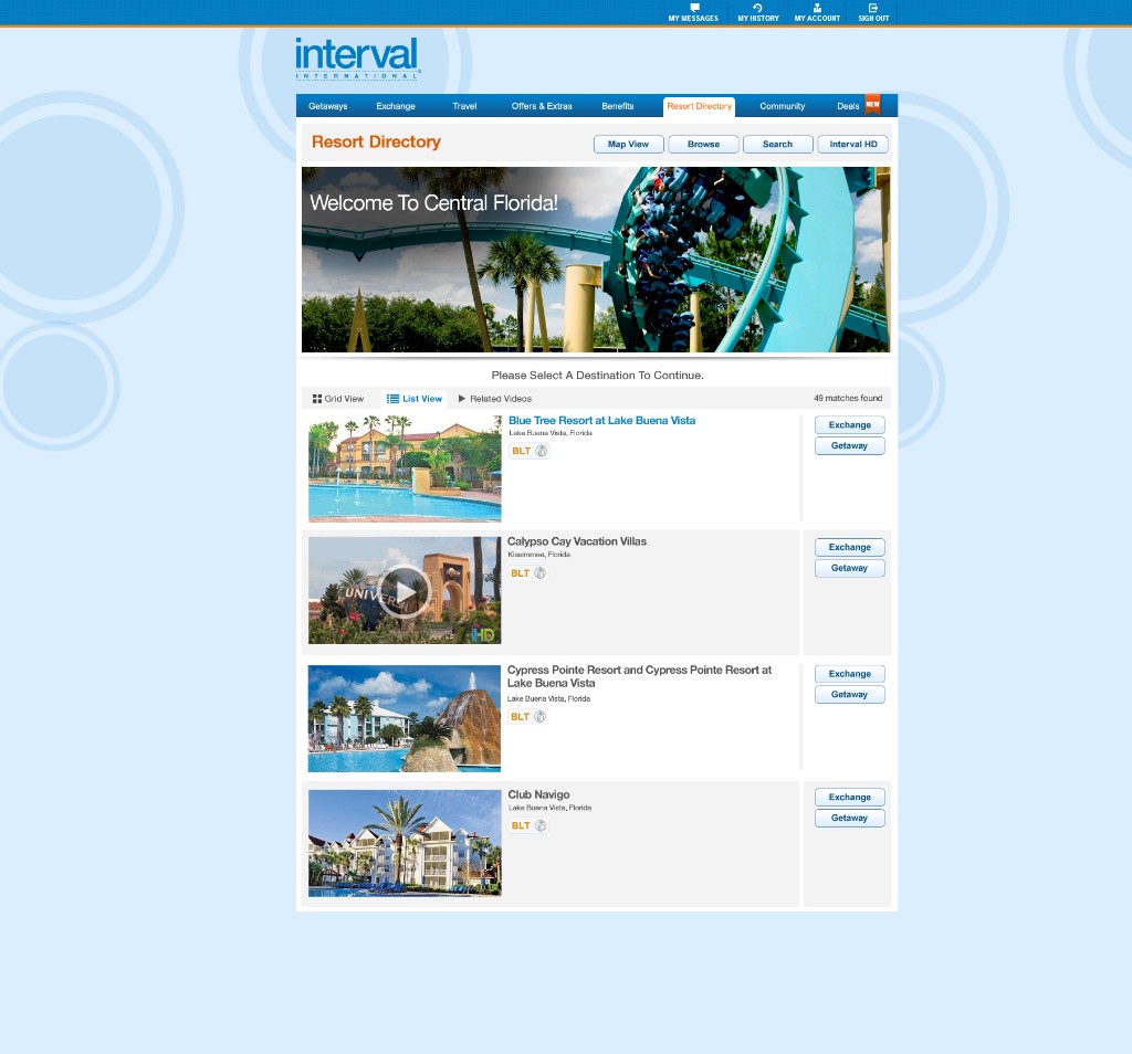 Resort Directory: Central Florida resort list view