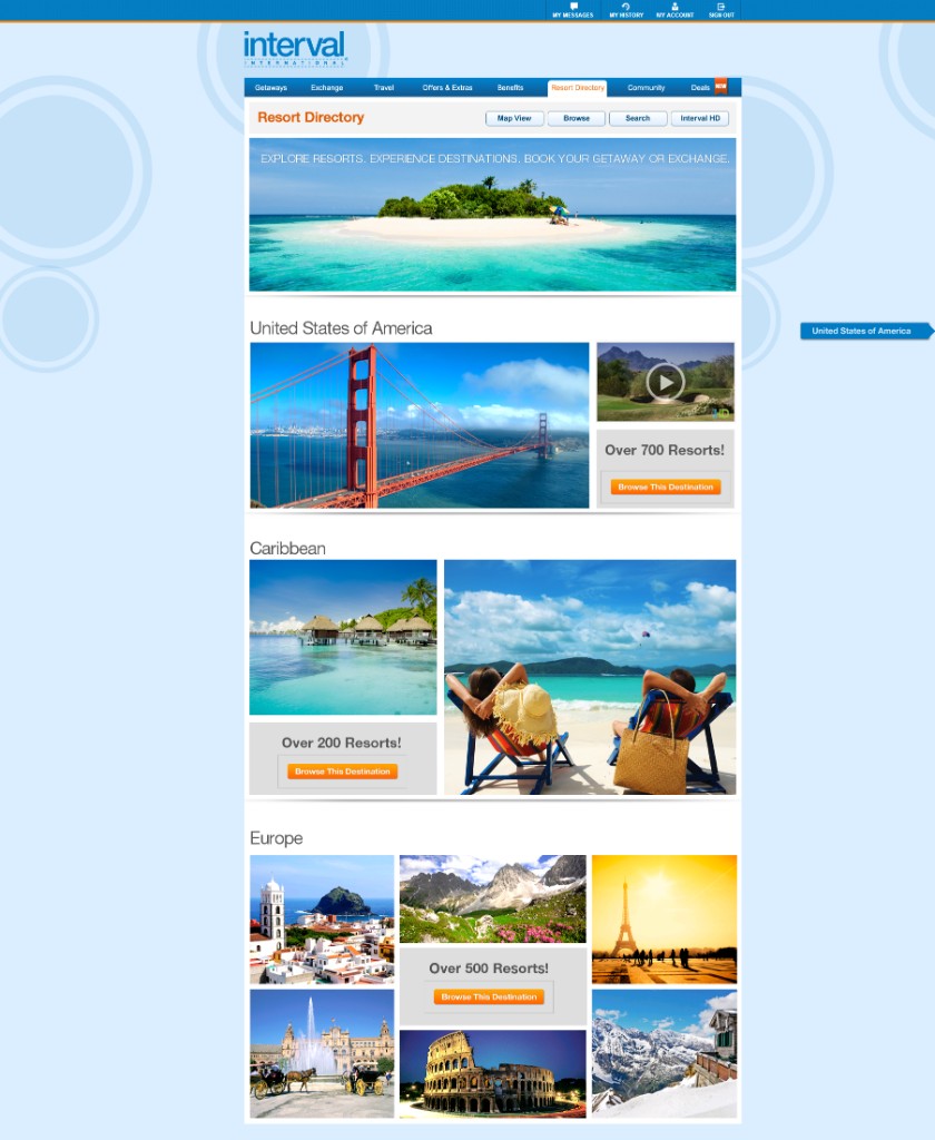 Resort Directory: regional browse landing with tropical hero and destination sections