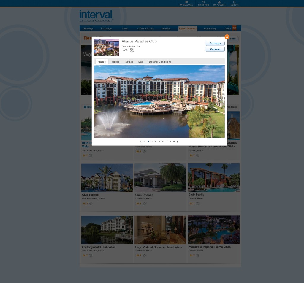 Resort Directory: resort quick-view modal with photos and Exchange and Getaway actions