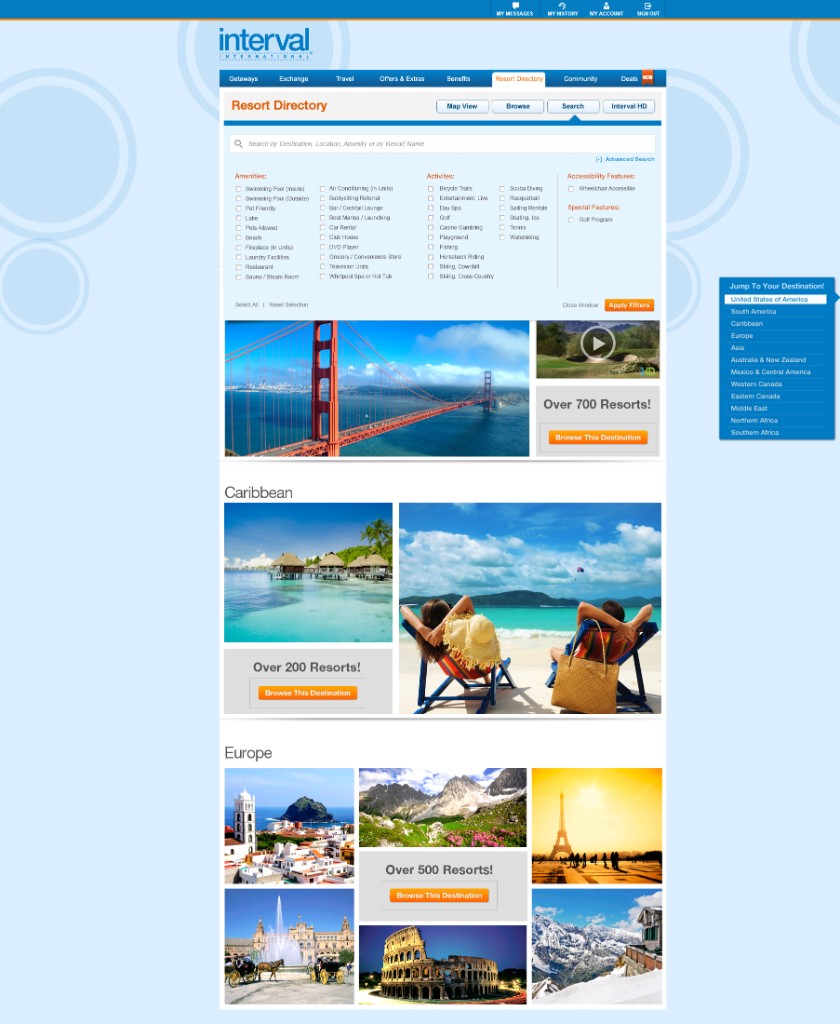 Resort Directory: search with advanced amenities and activities filters