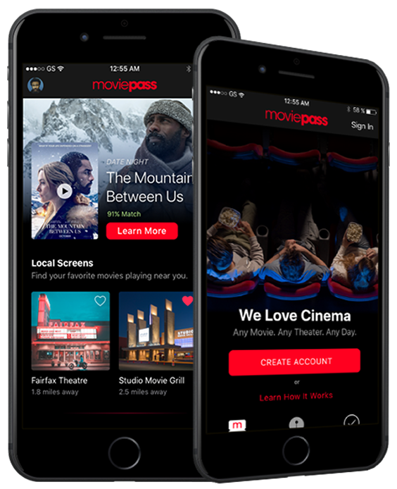 MoviePass mobile app: discovery and onboarding screens on two phones