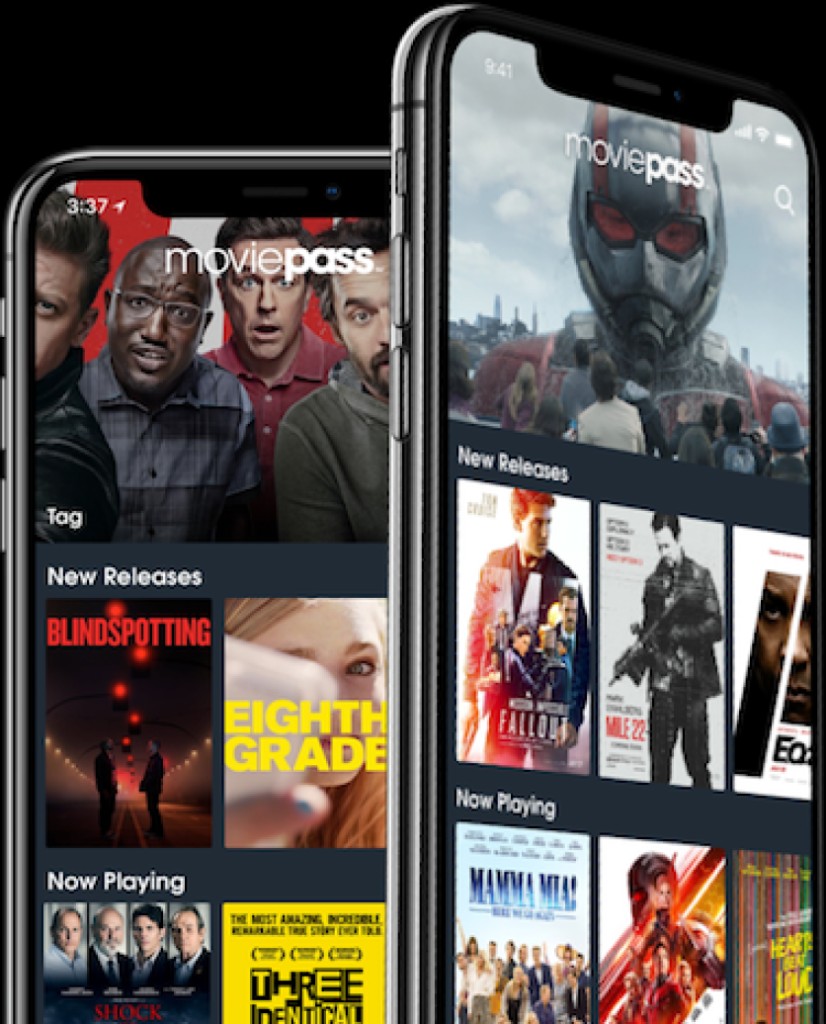 MoviePass home screens showing featured films, New Releases, and Now Playing on two phones