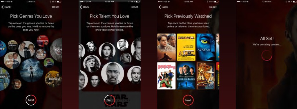MoviePass onboarding flow: pick genres, pick talent, pick previously watched, and all set screens