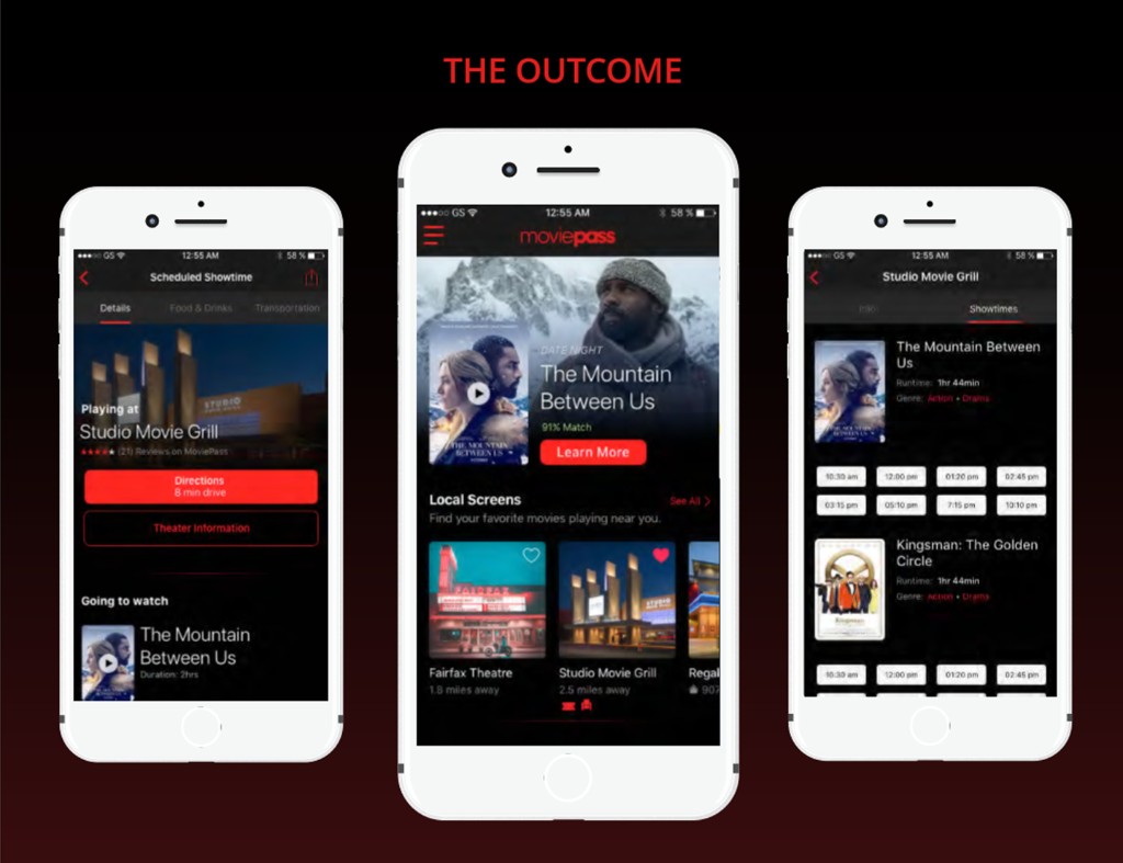 MoviePass outcome screens: scheduled showtime details, home with match score and local screens, and theater showtimes