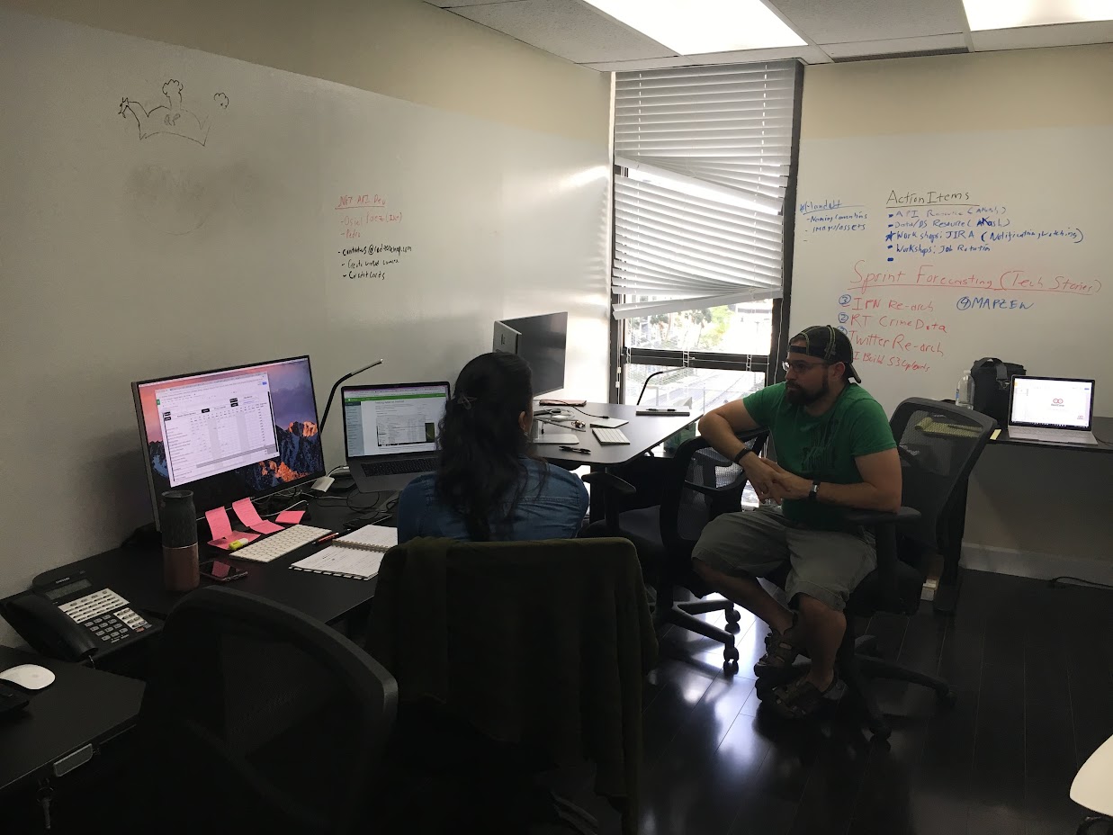 RedZone team working session with sprint planning notes on whiteboard