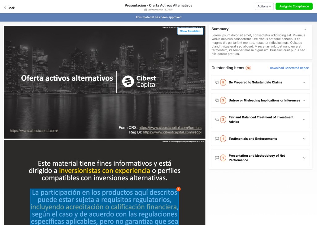 Surveil.ai agent workspace with marketing review queue