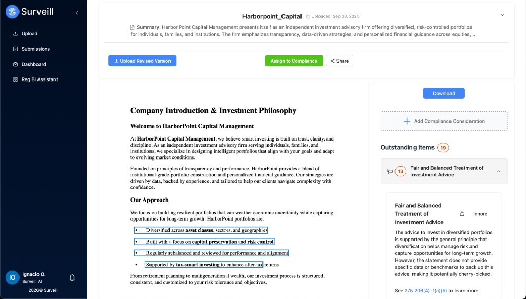 Surveil.ai document review with inline AI findings and compliance categories