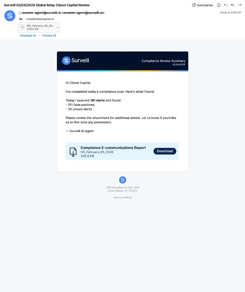 Surveil.ai compliance review summary email, version one