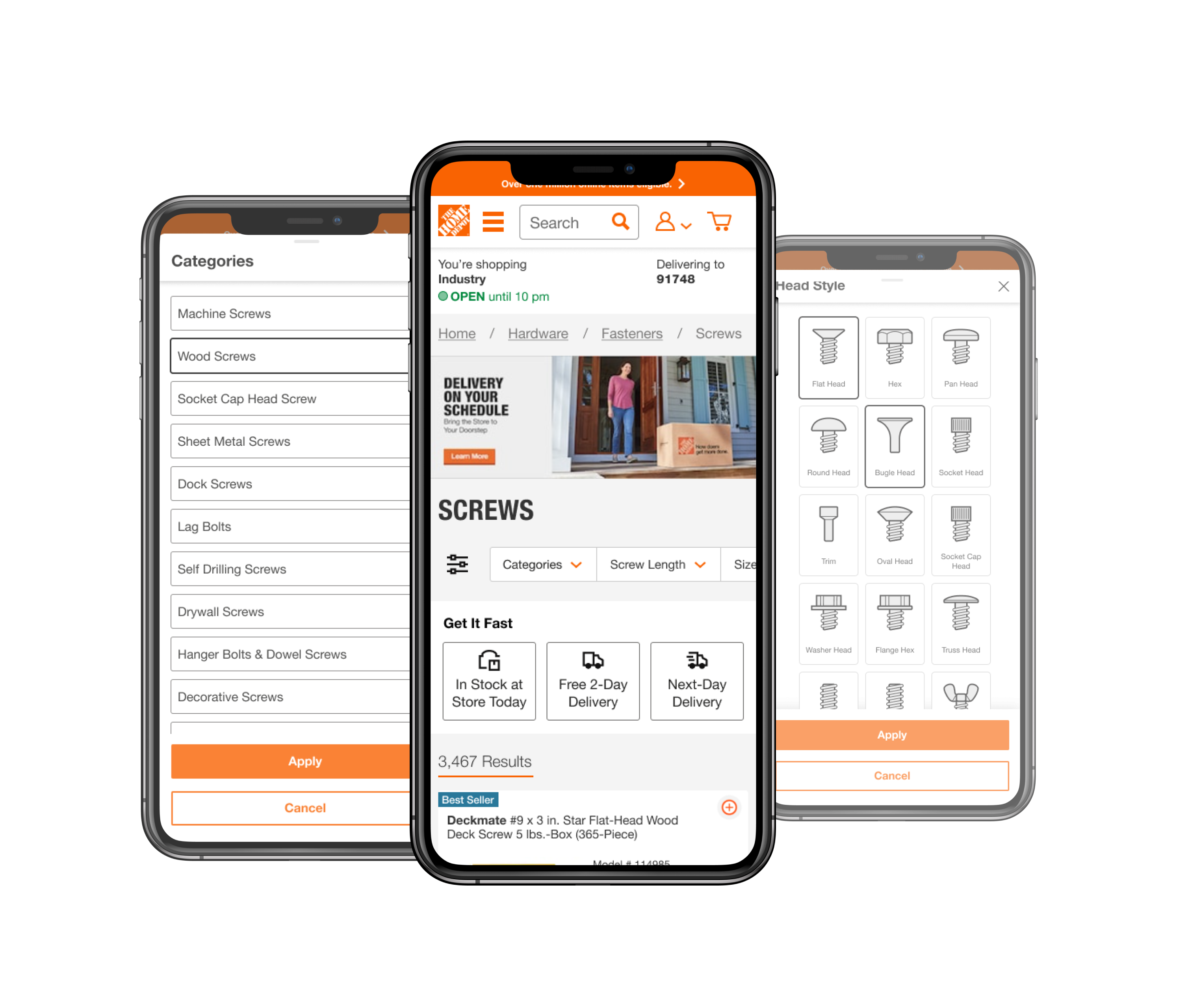 The Home Depot mobile app: screws category with filters and product results on three phones