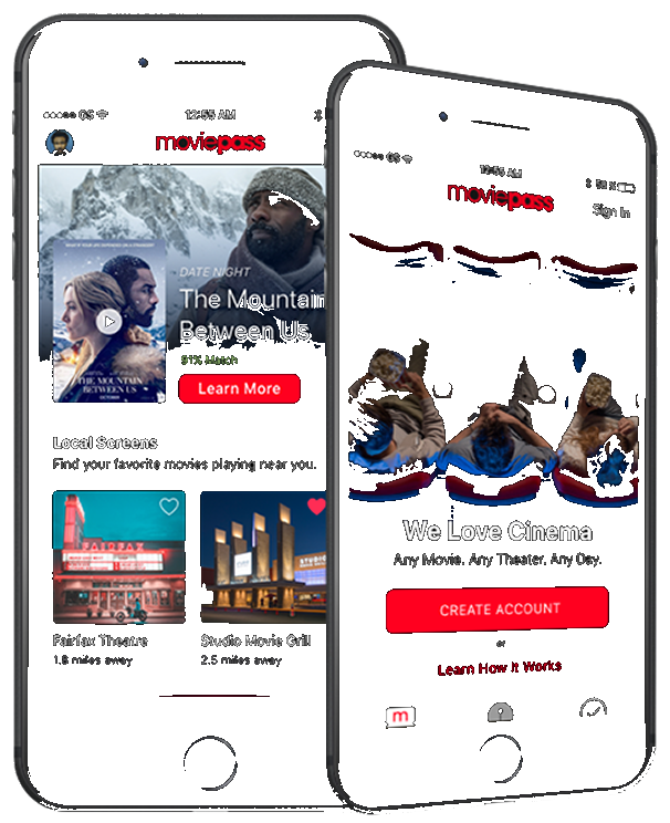 MoviePass mobile app screens on phone mockups showing home and onboarding flows