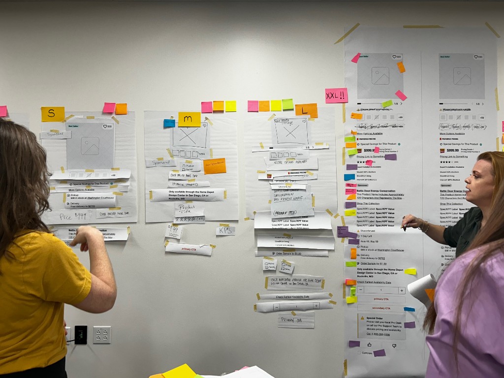 UX design workshop with stakeholders reviewing interface flows on a whiteboard