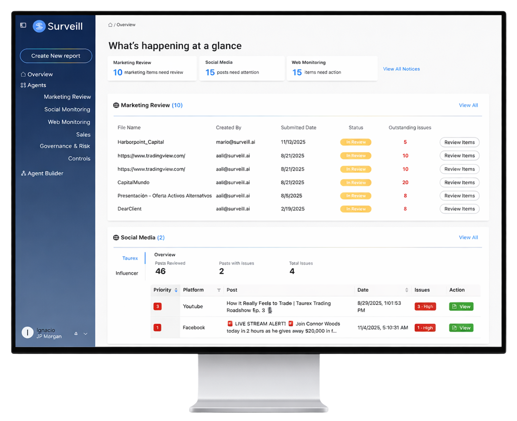 Surveill dashboard on a desktop monitor: marketing review and social monitoring workspace